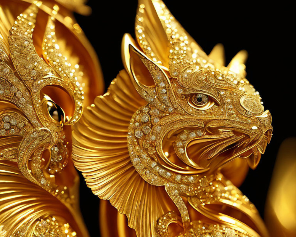 Intricate Golden Dragon Sculpture with Embedded Jewels