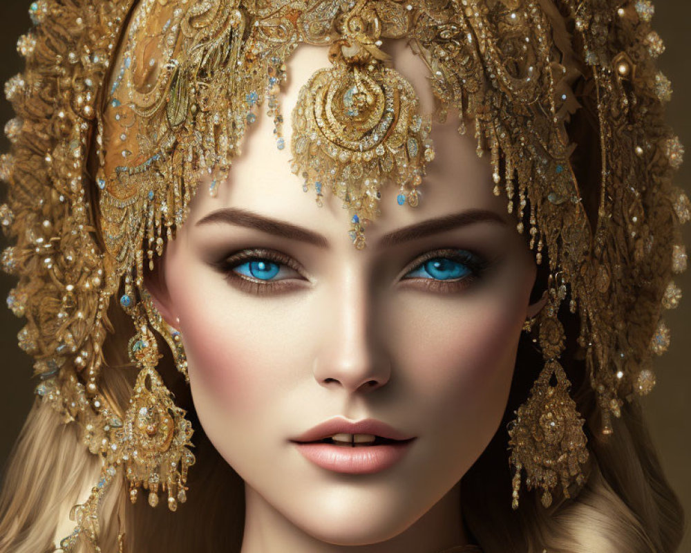 Illustration of woman with blue eyes, golden headdress, and intricate jewelry