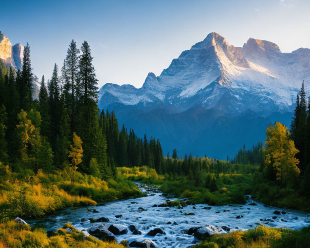Snow-capped mountains, pine trees, and meandering stream in alpine scenery at sunrise or sunset
