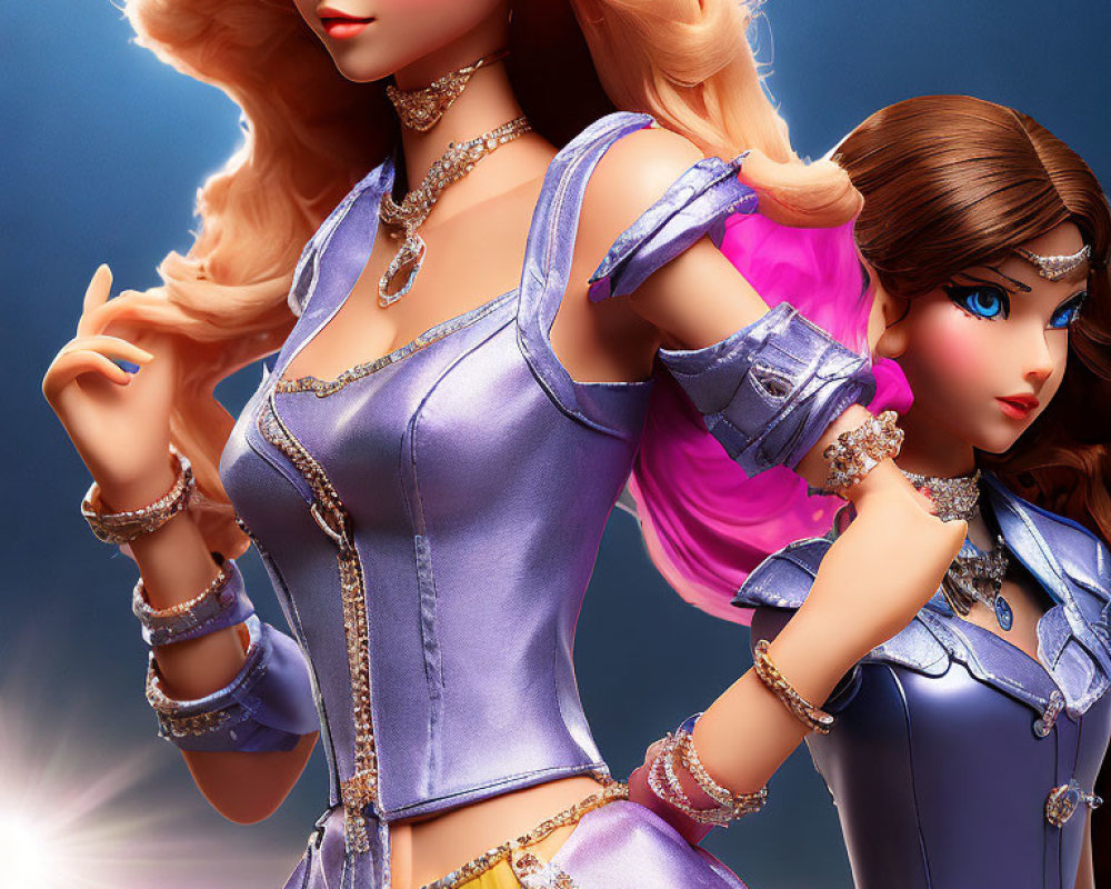 Stylized animated female characters with elaborate hairstyles and fantasy outfits in vibrant colors.