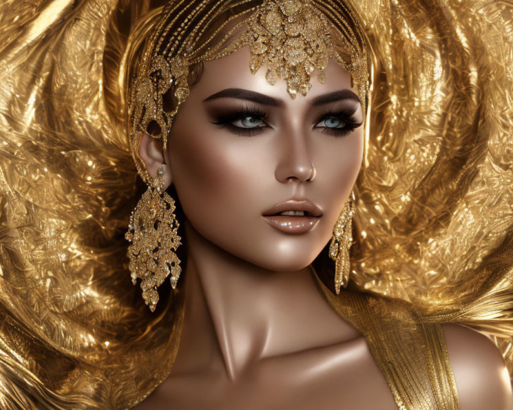 Digital artwork featuring woman in golden makeup and ornate jewelry