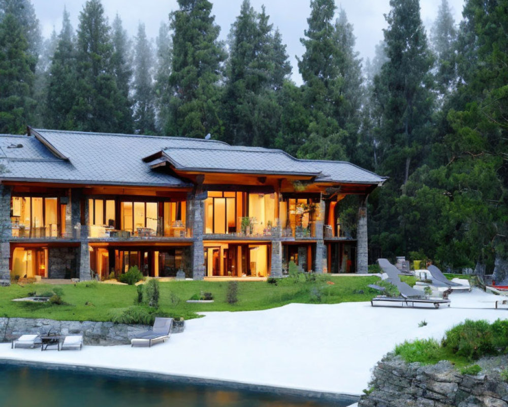 Luxurious Lakeside House with Illuminated Interiors and Lush Surroundings