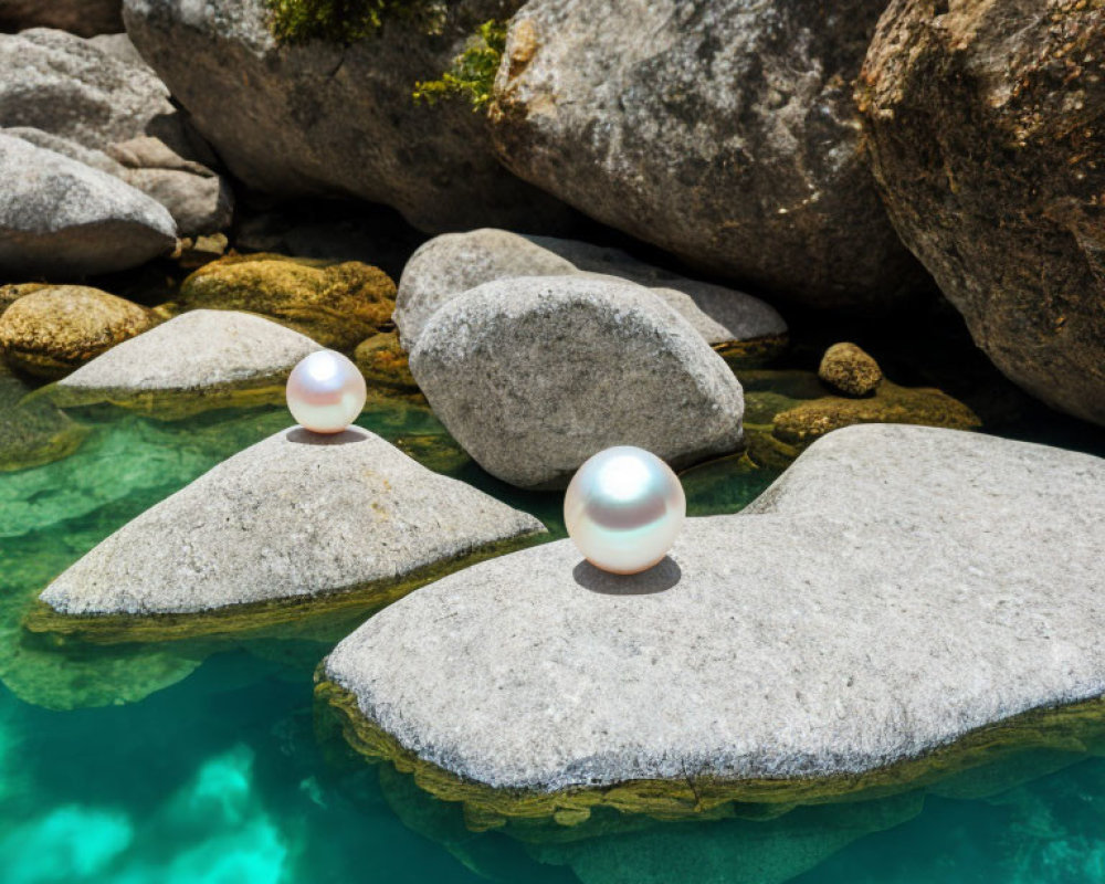 Three Large Pearls on Smooth Rocks Above Turquoise Water