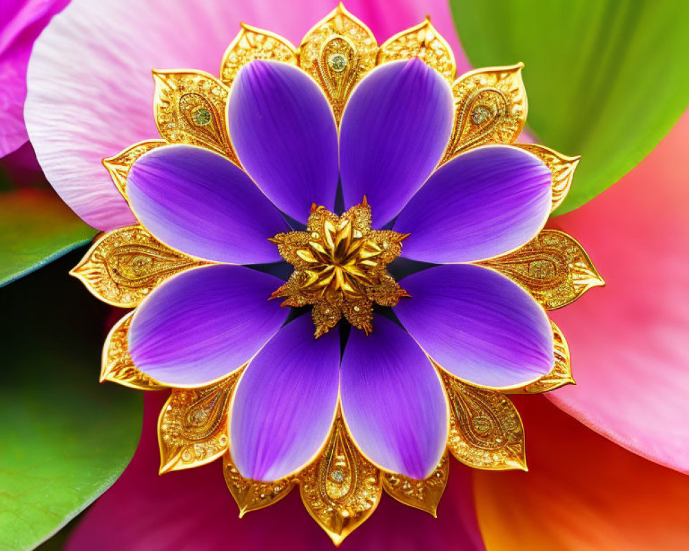 Vibrant purple digital flower with golden filigree on pink and green background