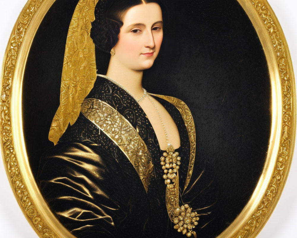 Traditional dress portrait of woman with golden shawl, pearl necklace, and decorative brooch