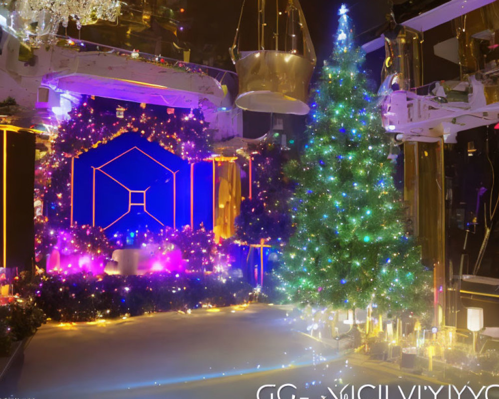 Luxurious Christmas-themed interior with grand tree and ornate decorations