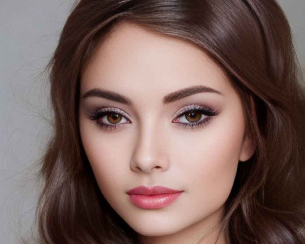 Close-Up of Woman with Brown Hair and Soft Makeup: Eyeliner, Mascara, and Pink