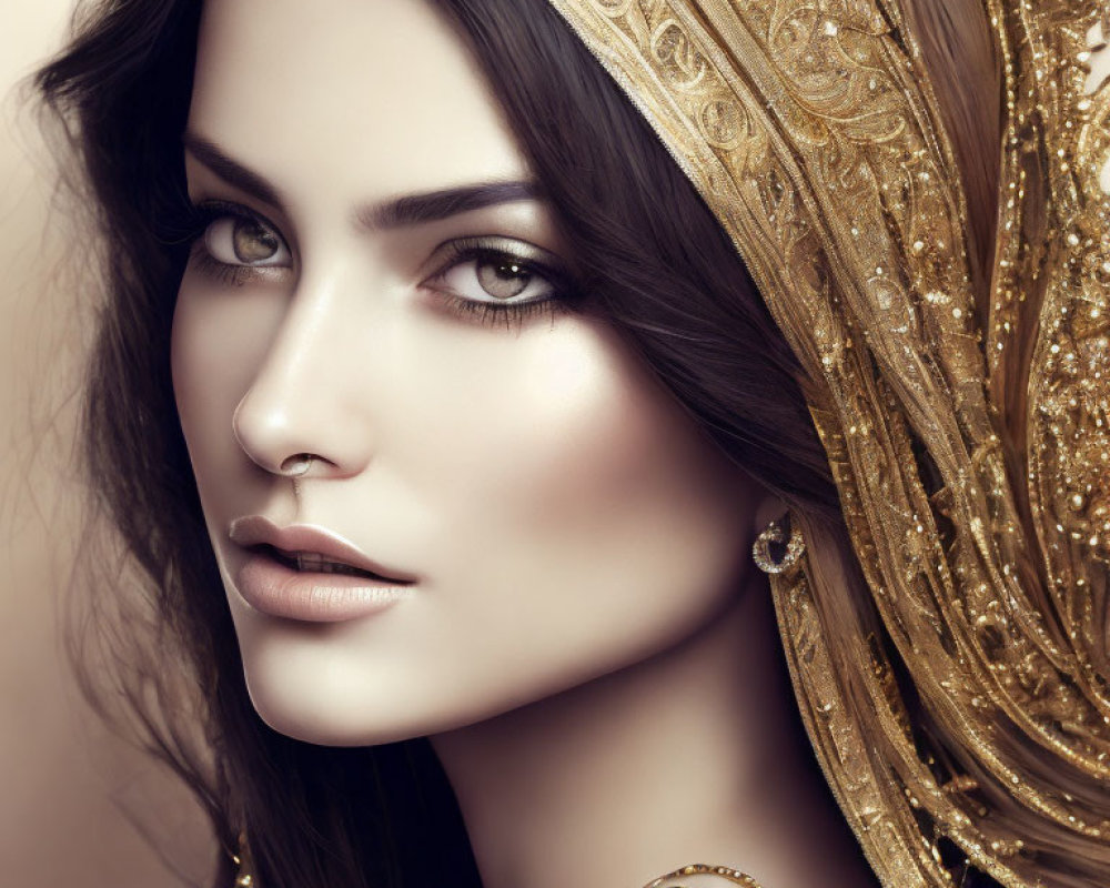 Striking woman in golden headpiece and nose ring against muted backdrop