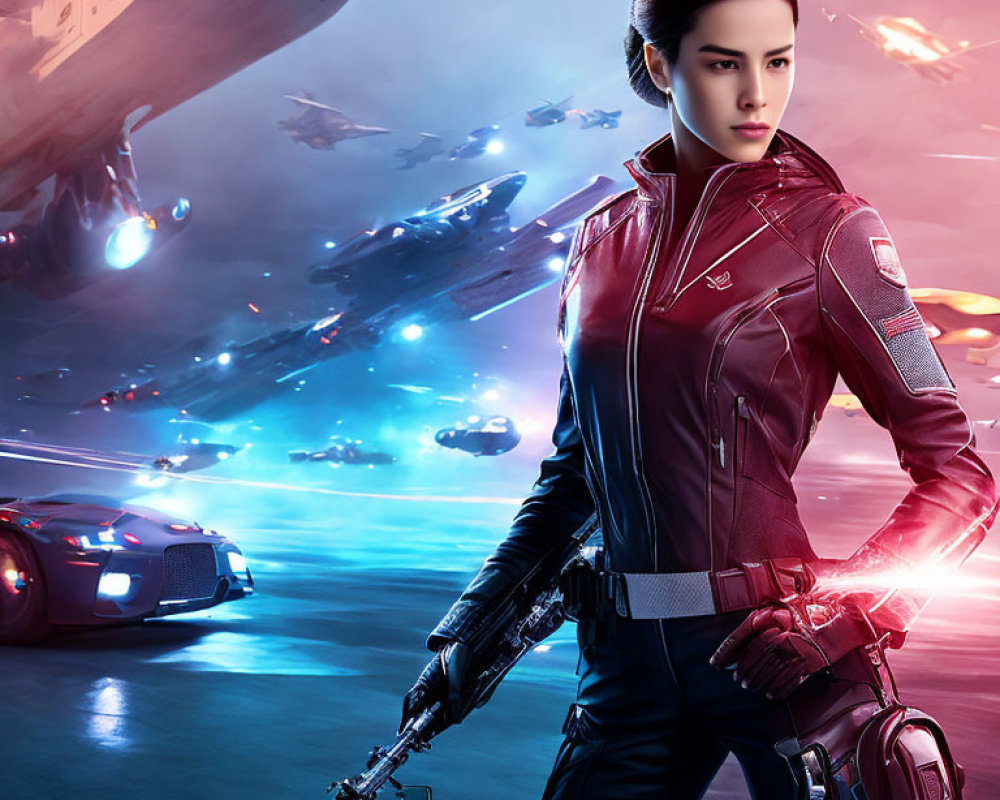 Futuristic woman in leather suit with blaster amidst sci-fi battle