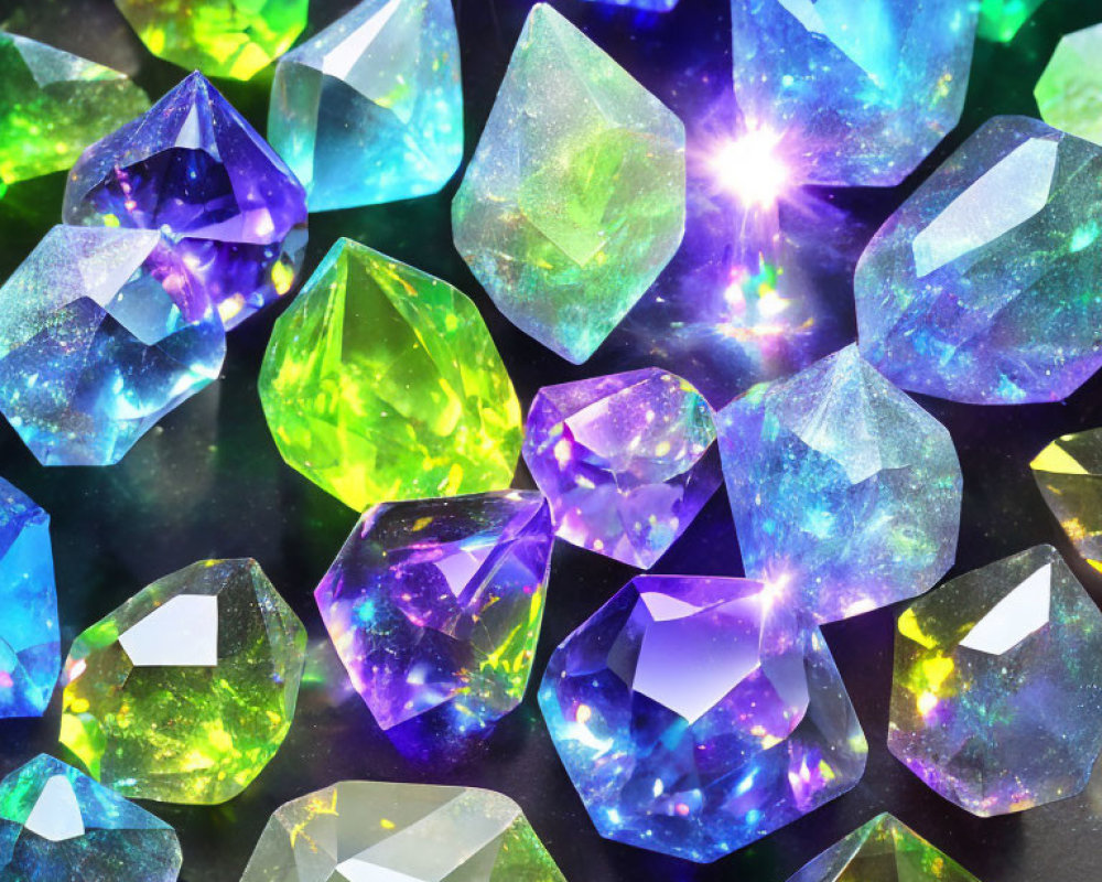 Shimmering multicolored crystal gemstones on dark background
