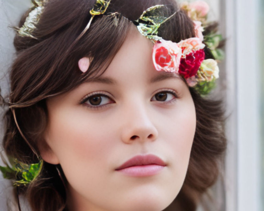 Woman wearing floral headband with roses in soft brown hair