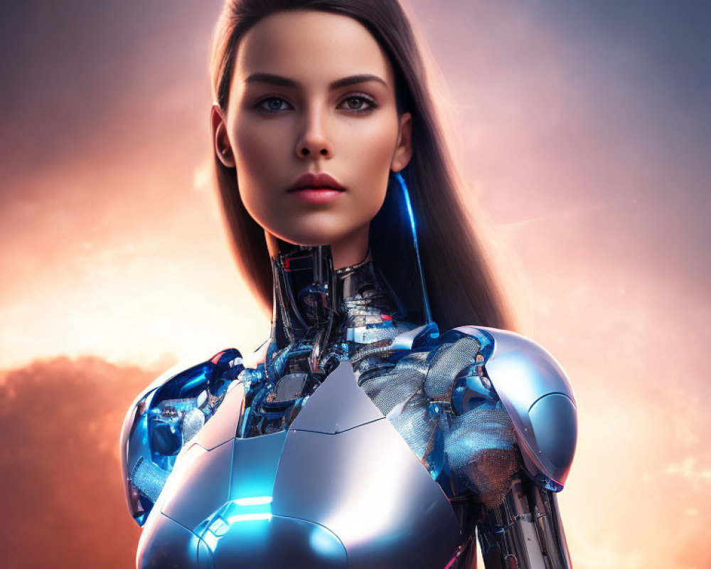 Female android with human-like face and exposed mechanical body in futuristic setting