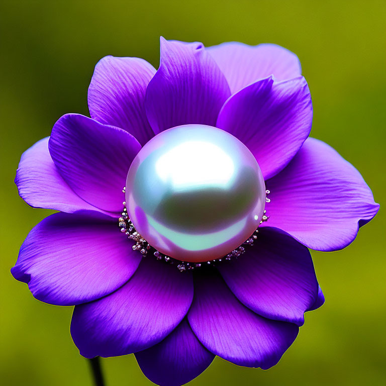Vivid Purple Flower with Pearl Center and Sparkling Points on Soft Green Background