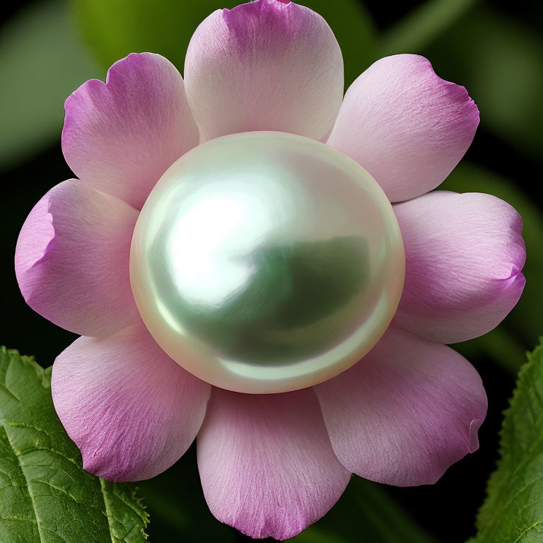 Digital Art Concept: Pearl in Pink Flower with Green Leaves