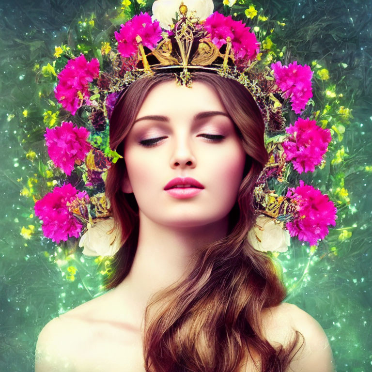 Woman with Floral Crown in Serene Pose on Mystical Green Background