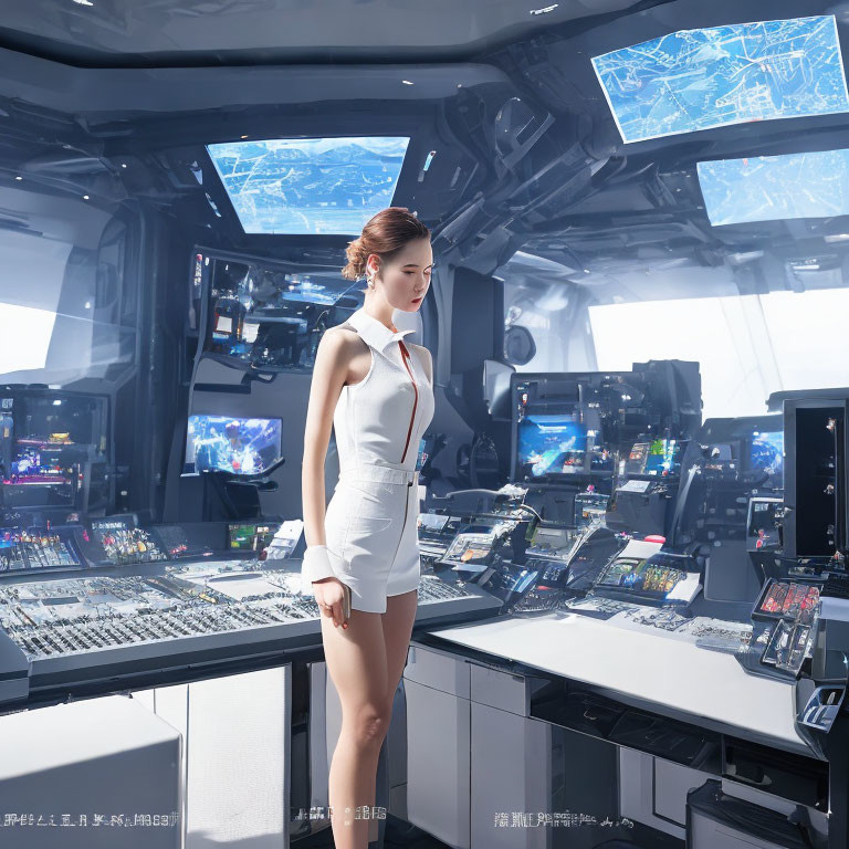 Woman in white dress in futuristic control room with space view