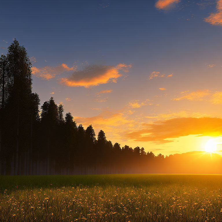 Vibrant sunset scene with tall trees and golden light on lush field