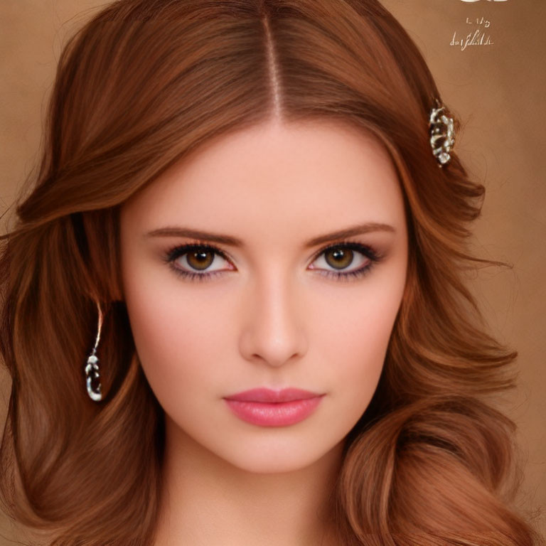 Studio portrait of woman with auburn hair, elegant earrings, and hair clip on beige background