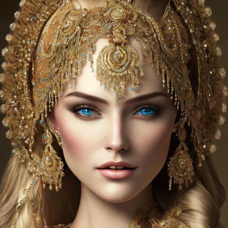 Illustration of woman with blue eyes, golden headdress, and intricate jewelry