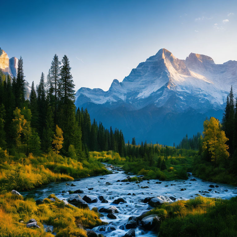 Snow-capped mountains, pine trees, and meandering stream in alpine scenery at sunrise or sunset