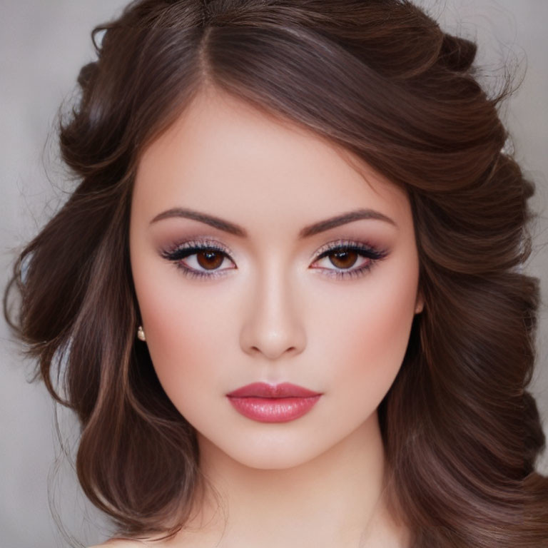 Portrait of a Woman with Voluminous Curled Brown Hair and Makeup