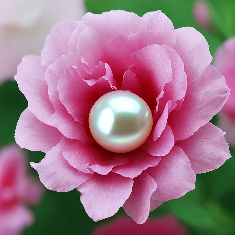 Lustrous pearl on pink peony against green backdrop