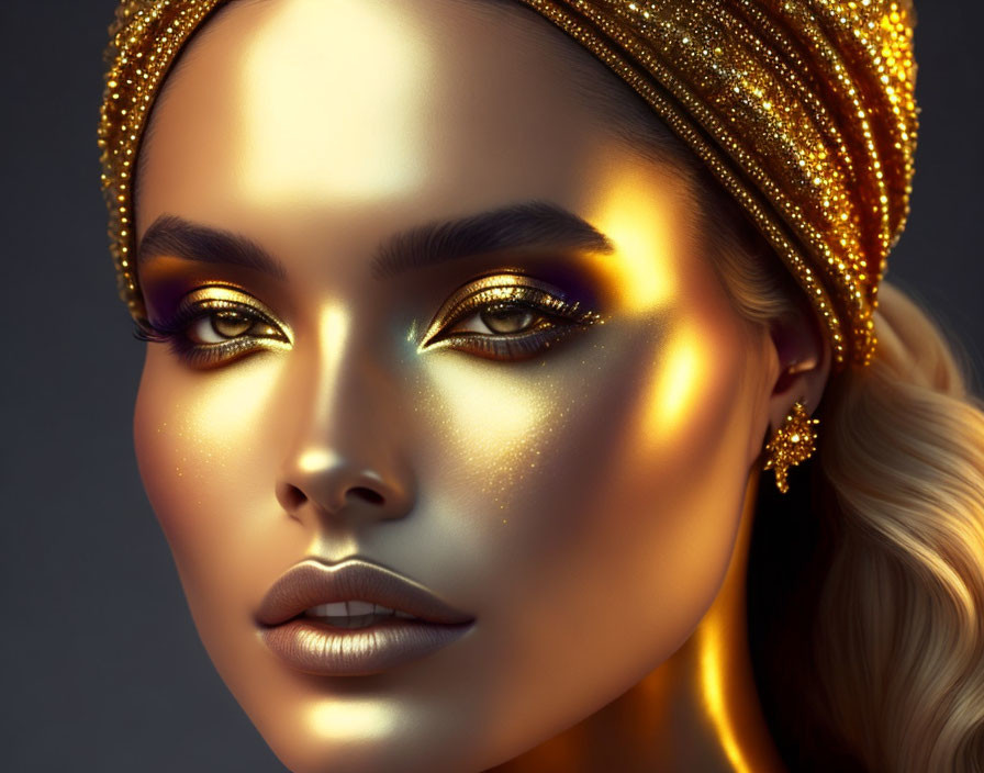 Close-up Portrait of Woman with Golden Makeup and Headwear