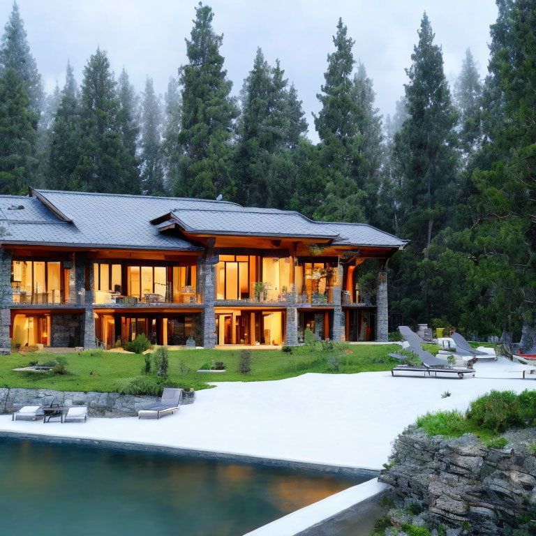 Luxurious Lakeside House with Illuminated Interiors and Lush Surroundings