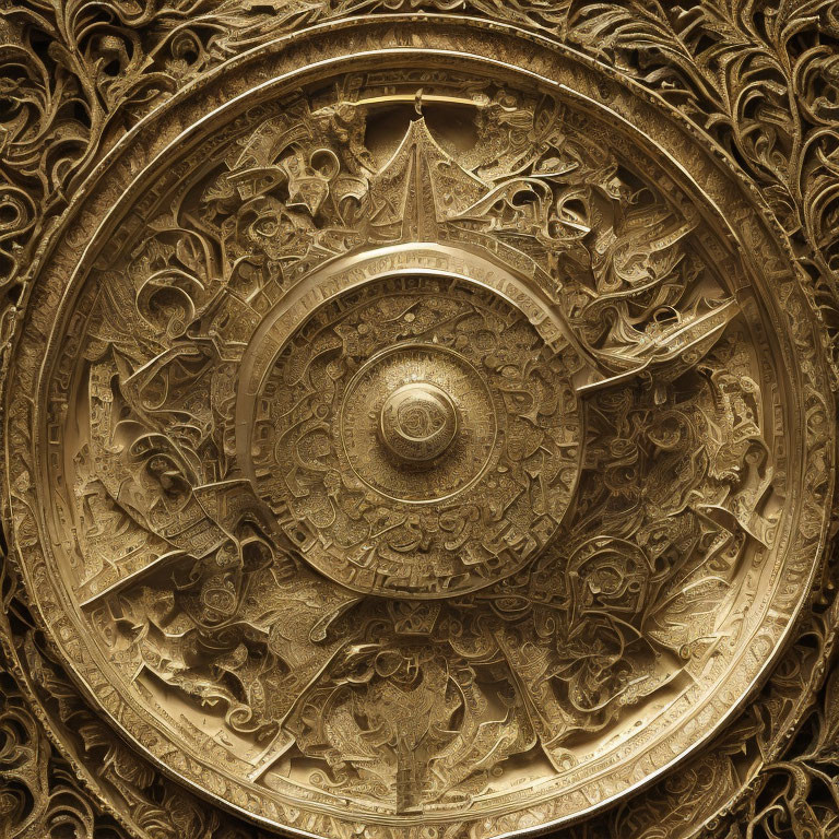 Golden Disc with Intricate Carvings and Traditional Motifs