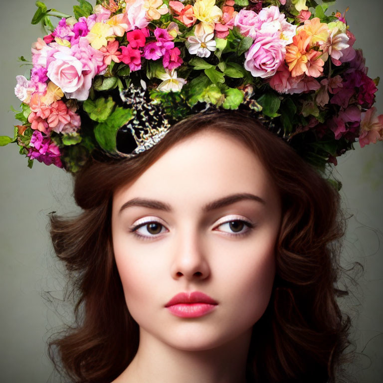 Woman wearing vibrant floral crown against grey backdrop