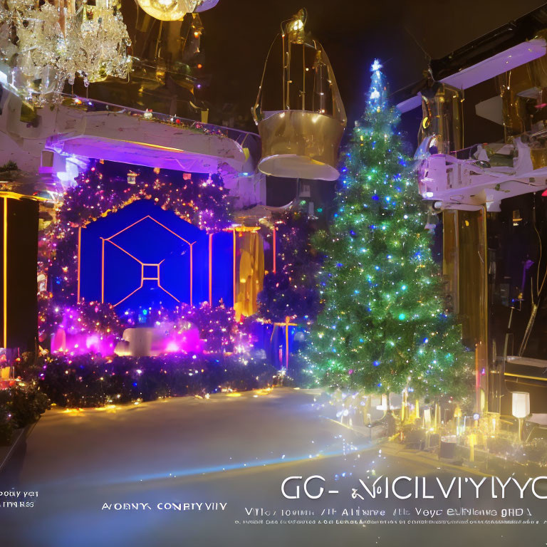 Luxurious Christmas-themed interior with grand tree and ornate decorations