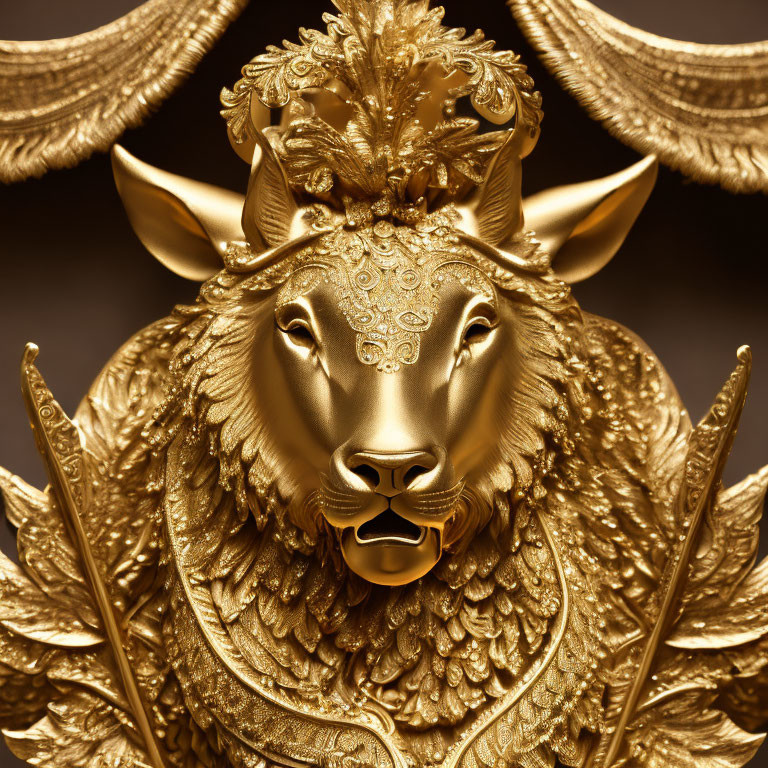 Intricate Gold Lion Head with Elaborate Wings and Patterns