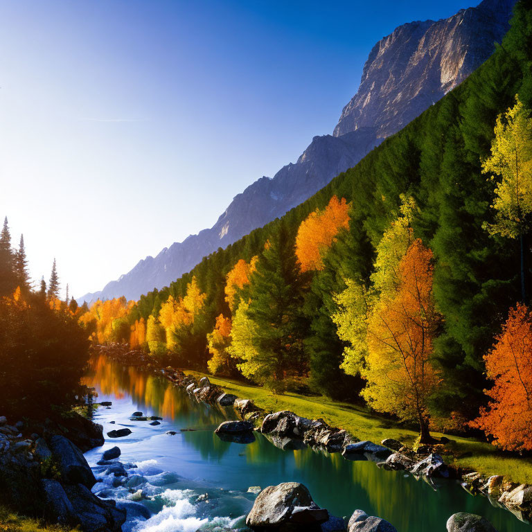 Autumnal river landscape with vibrant foliage and mountains under warm sunlight