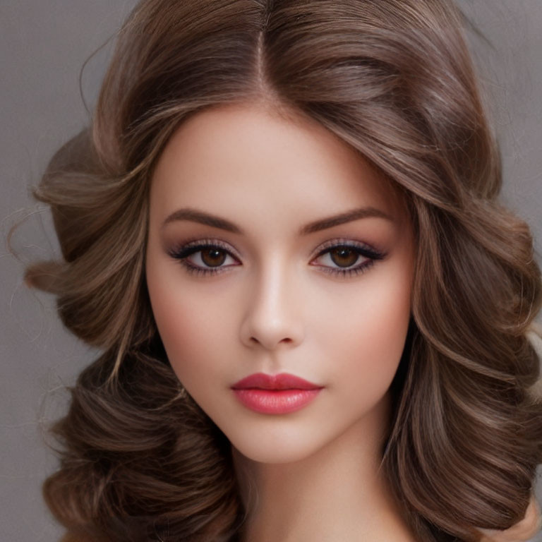 Brunette woman with curly hair and striking makeup.