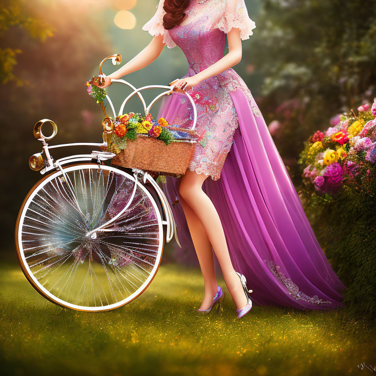 Woman in purple dress with flowing train next to vintage bicycle and flowers