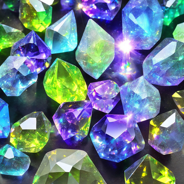 Shimmering multicolored crystal gemstones on dark background