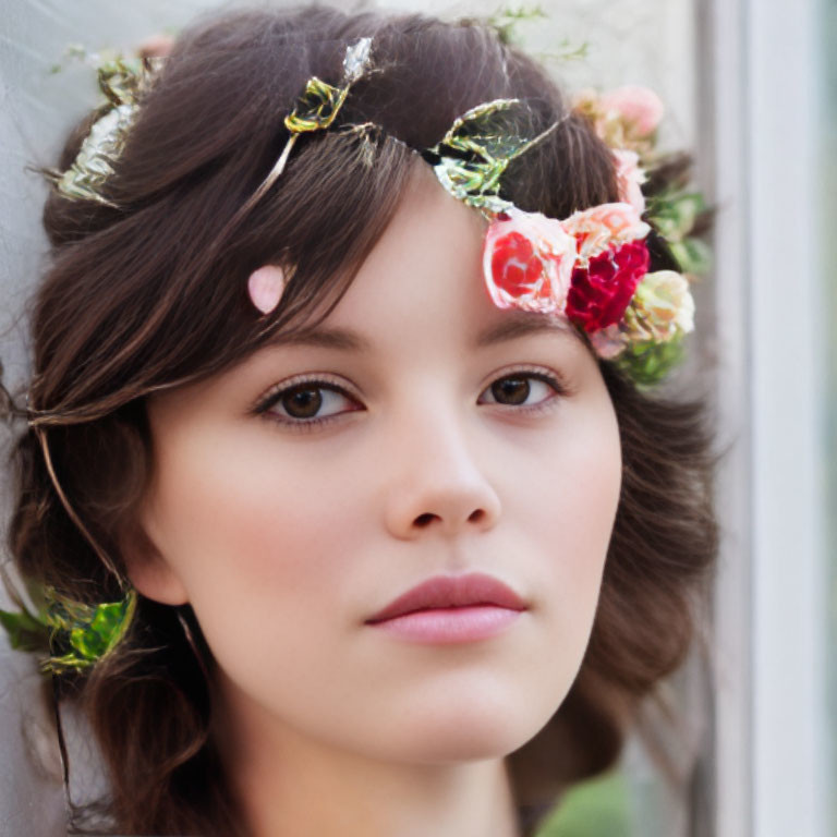 Woman wearing floral headband with roses in soft brown hair