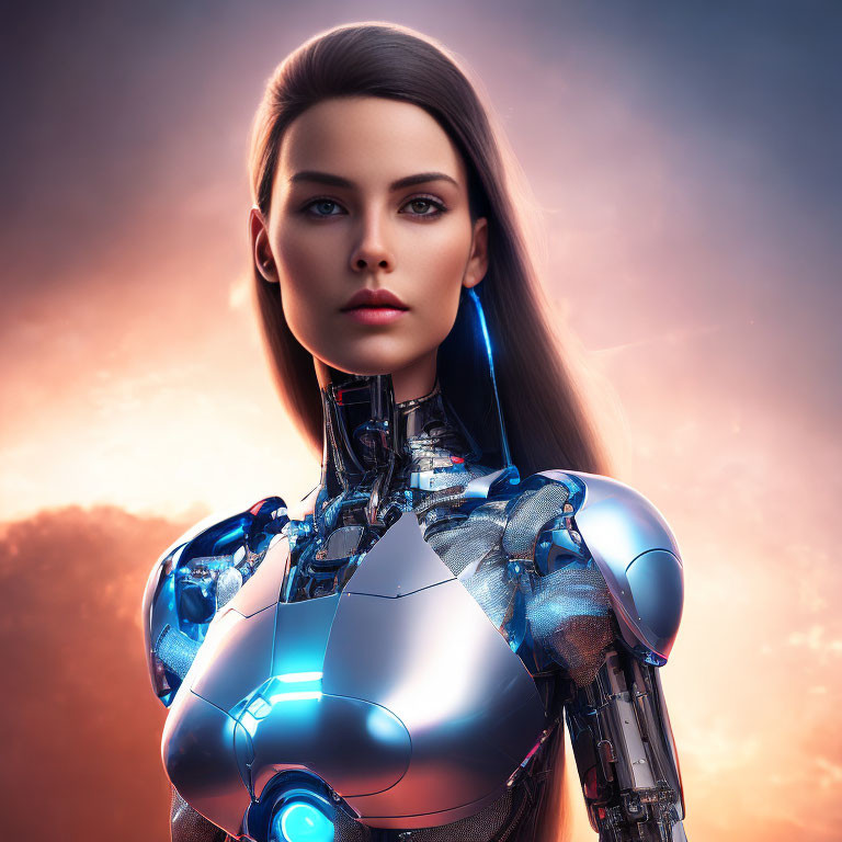 Female android with human-like face and exposed mechanical body in futuristic setting