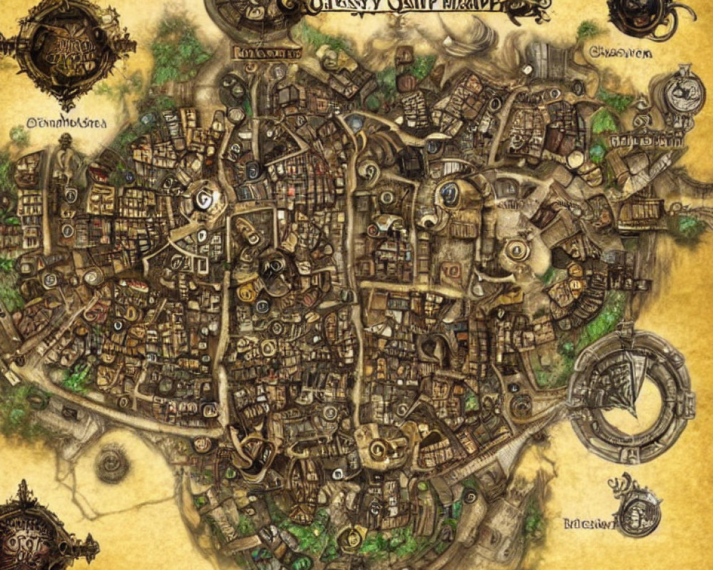Detailed Fantasy City Map with Various Districts and Unique Buildings