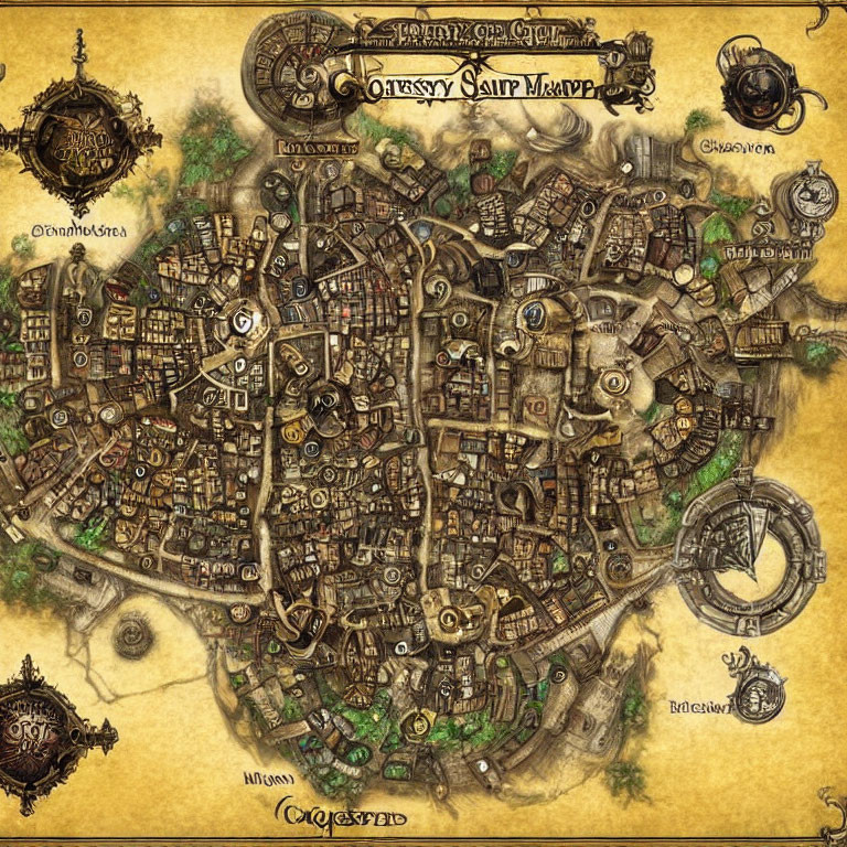Detailed Fantasy City Map with Various Districts and Unique Buildings