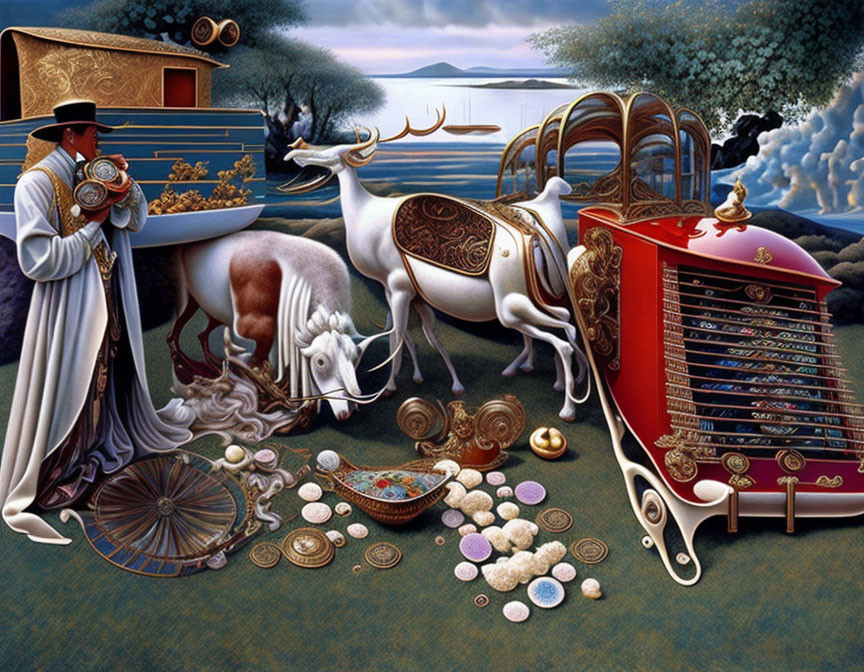 Surreal image: person with pocket watch, white bulls, coins, magical armoire