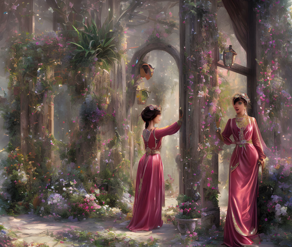 Two Women in Pink Gowns in Lush Garden Scene