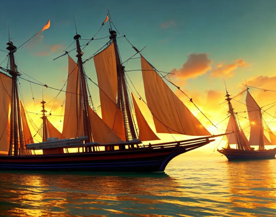Sailing ships with billowing sails on the sea at sunset