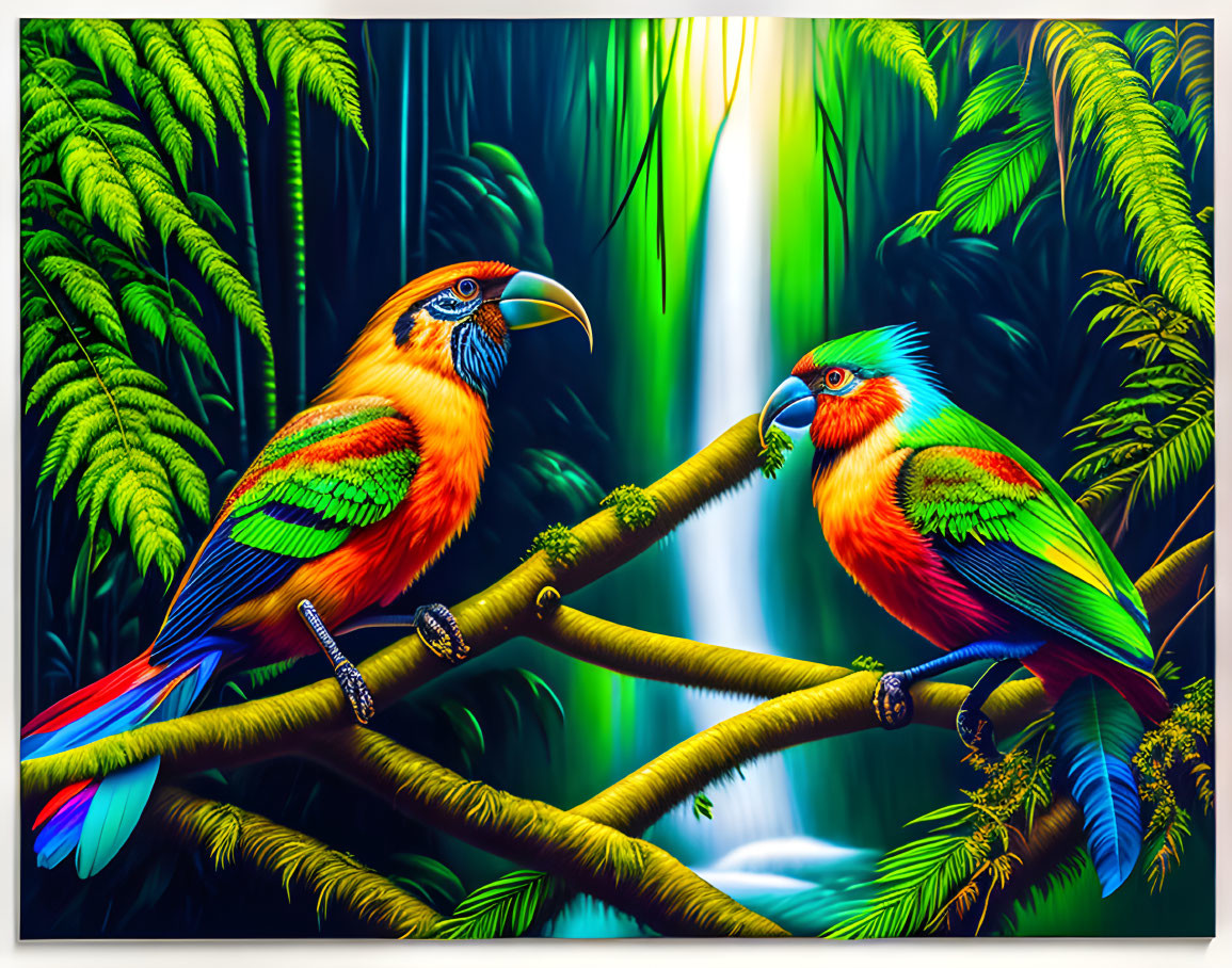 Colorful Birds Perched in Jungle with Sunlight Filters