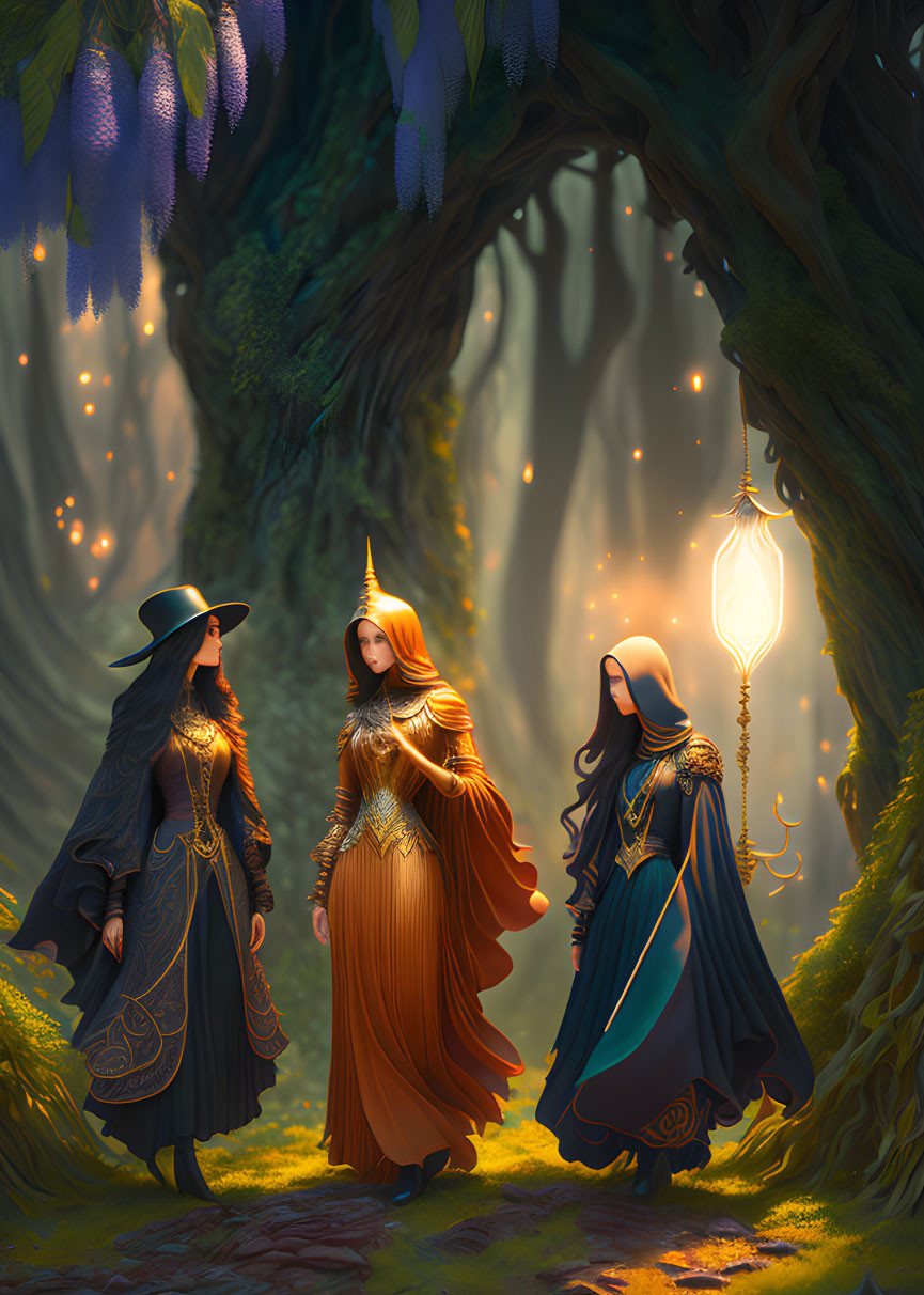 Three Women in Elegant Robes in Enchanting Forest Glade