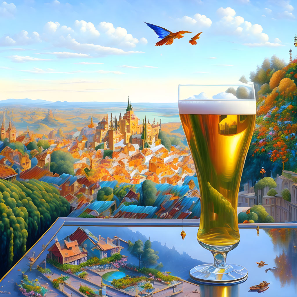Colorful surreal landscape with beer glass and townscape.