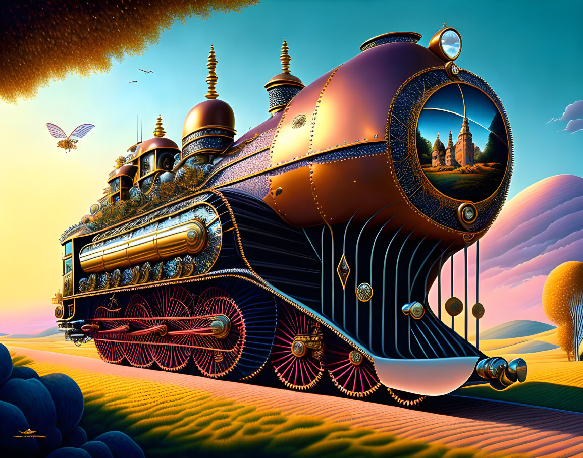 Ornate steam locomotive in surreal landscape with temples and butterflies