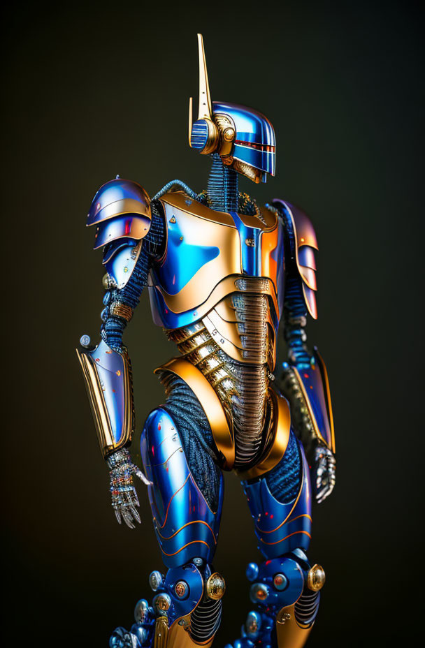 Detailed Blue and Gold Plated Glossy Humanoid Robot with Flexible Joints