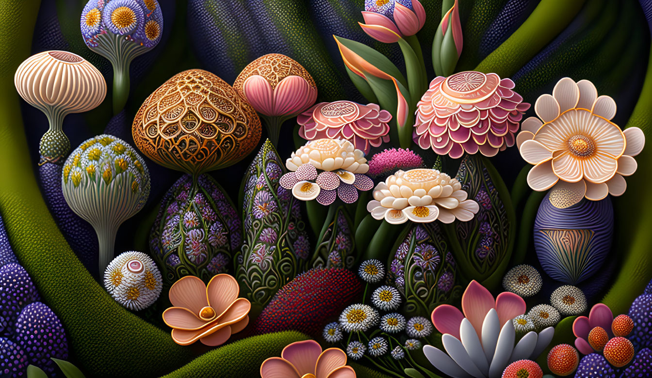 Colorful Stylized Floral Digital Artwork with Fantasy Theme