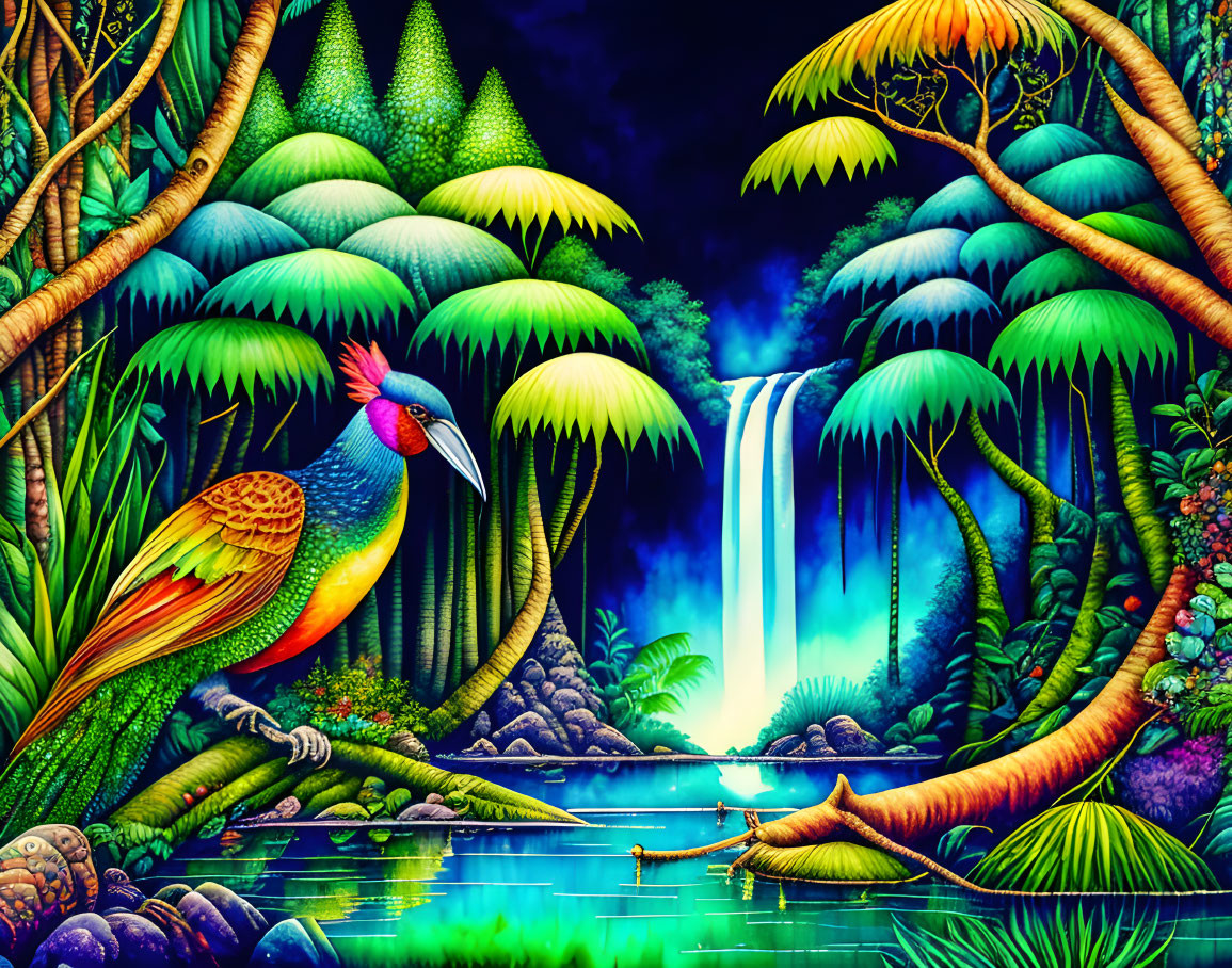 Colorful Bird Near Waterfall Surrounded by Tropical Flora